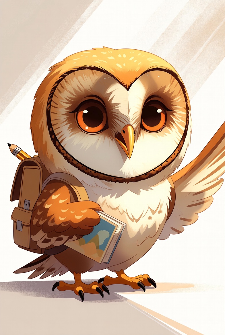 Eddie Owl, the friendly Provident Path Academy mascot, wearing a backpack and holding a book